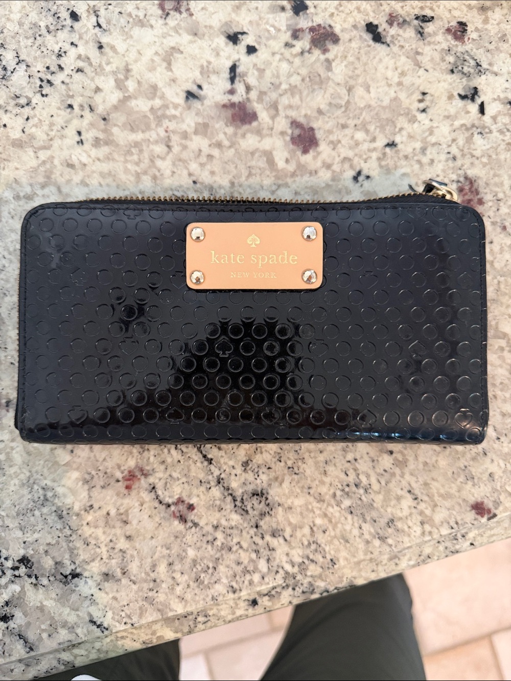 kate spade Black Patent Dot Zip Wallet with Gold Plaque